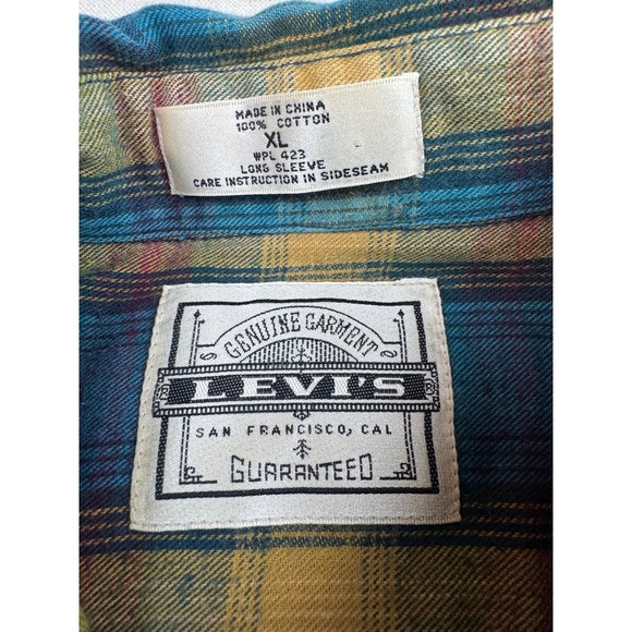 90s Levis Plaid Flannel Shirt Mens XL Blue Yellow Long Sleeve Cabincore Grunge - Picture 3 of 16